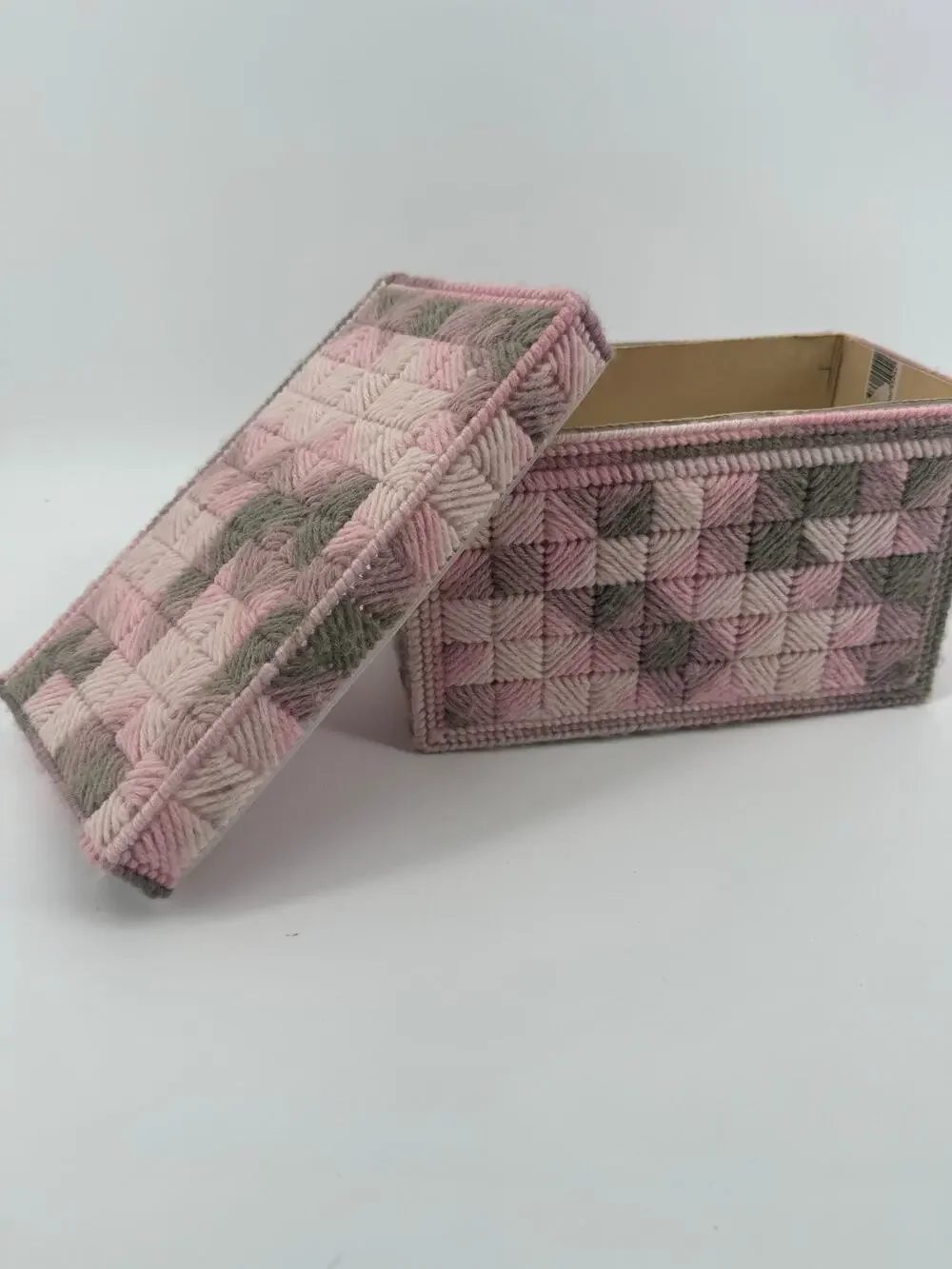 Vintage Handmade Yarn Kleenex Box Cover Pink Gray Plastic Canvas Tissue Holder